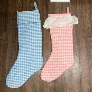 Two vintage handmade blue and pink gingham quilted stockings